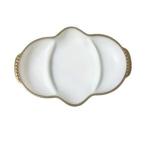Vintage FireKing Ware Milk-glass Divided Serving Dish, Candy Dish Gold Trim